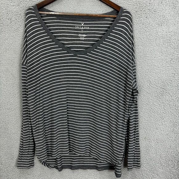 american eagle top womens small gray‎ striped soft & sexy boxy oversized boho - Picture 1 of 7